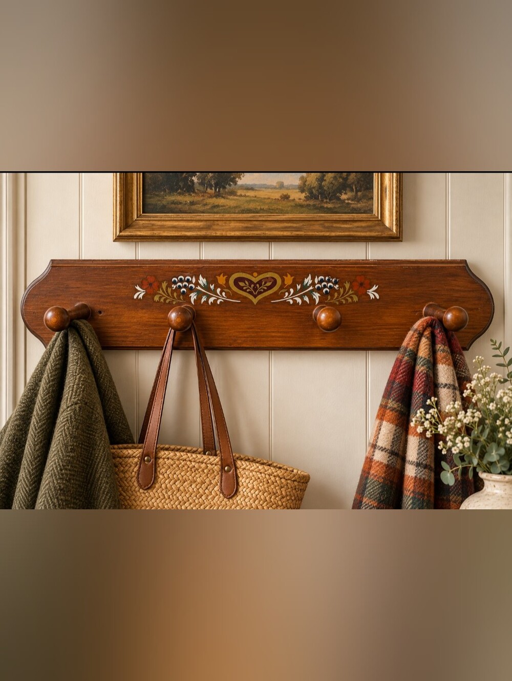 Vintage Folk Art Wooden Wall Peg Rack – Hand-Painted Floral Heart